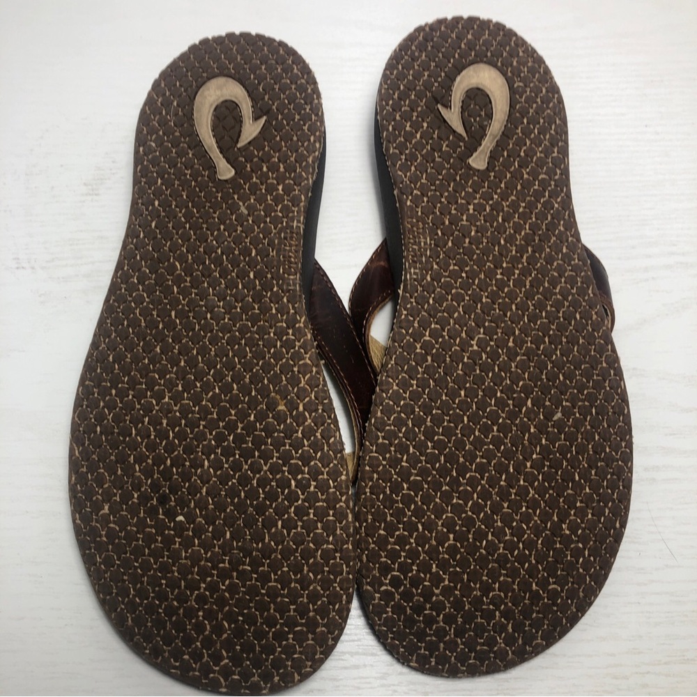 Olukai Paniolo Shoes Womens Size 7 Brown Leather Flip Flop Sandals Embroidered - Picture 4 of 7